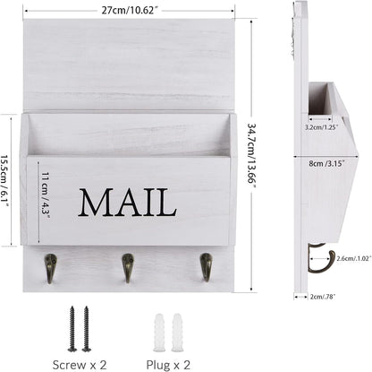 DLQuarts Mail Organizer with Key Holder for Wall, Mail Sorter Wall Mounted, Decorative Wooden Key and Mail Holder with 3 Hooks, Black