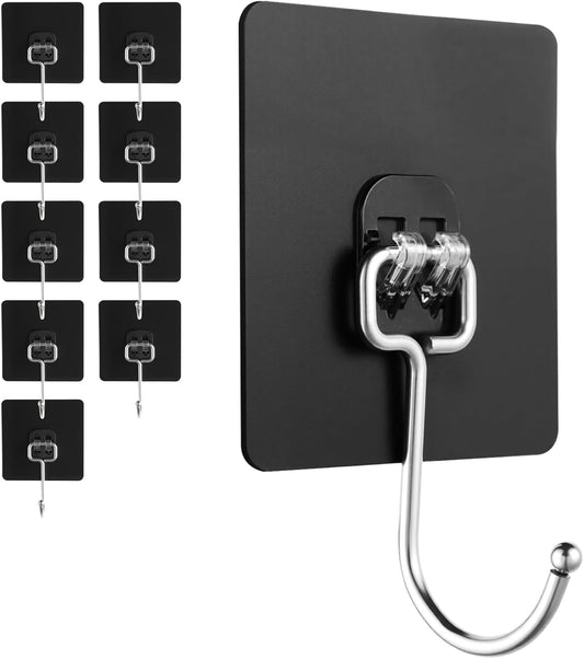 Adhesive Wall Hooks for Hanging - 60lb Heavy Duty Waterproof & Rustproof, Sticky Hooks for Walls No Damage, Kitchen/Bathroom/Rental (Ganchos para Pared) 10-Pack