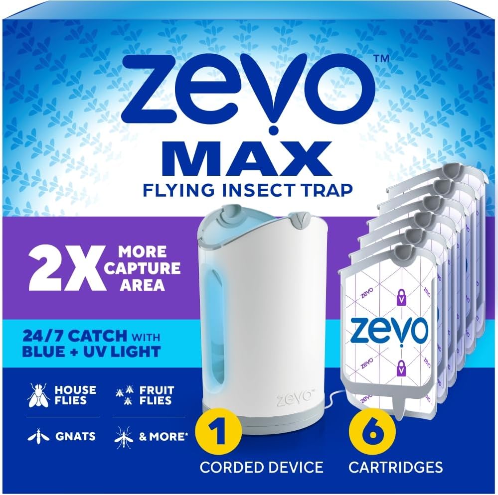 Zevo MAX Bug Catcher & Fly Trap for Indoors - Flying Insect Trap for Gnats, House & Fruit Flies - Use in Any Room - No-Mess Disposal (1 Plug in Base & 2 Cartridges)