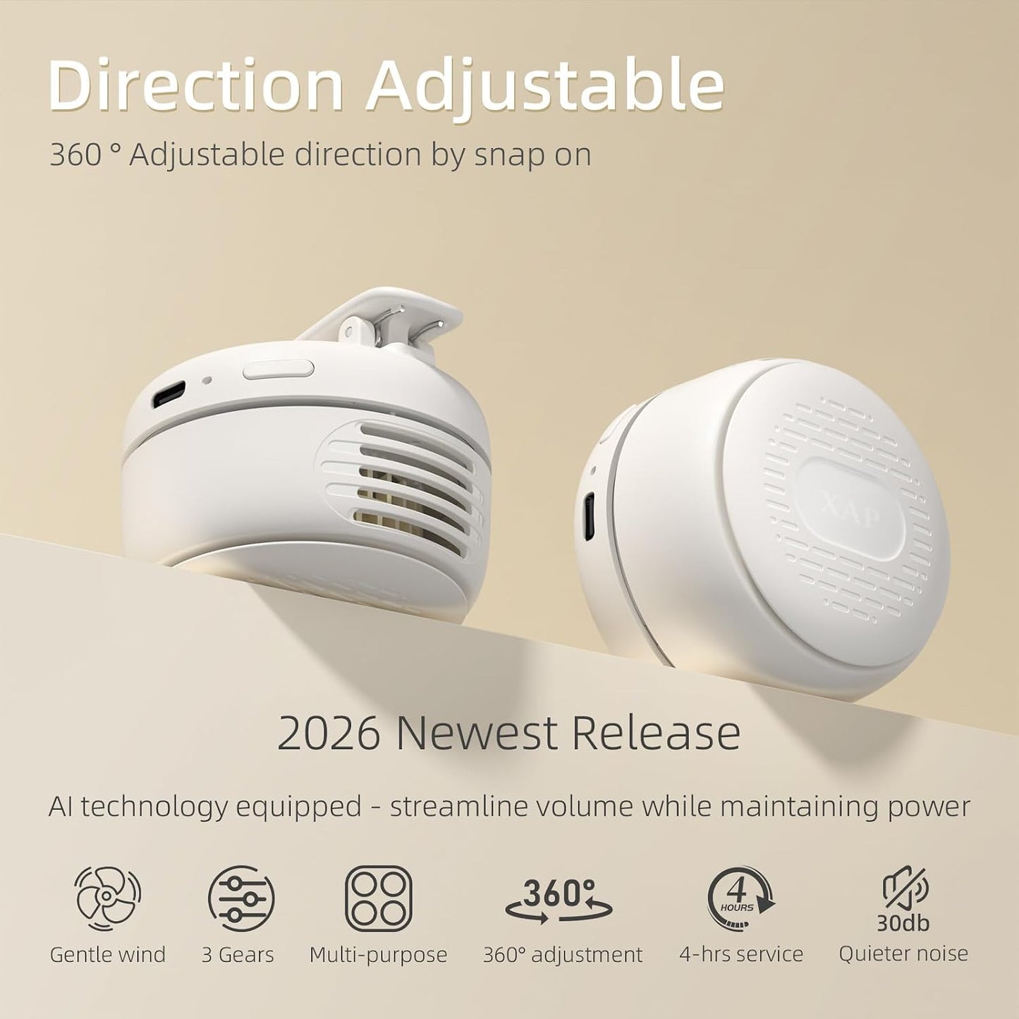 XAP Clip On Mini Fan, USB Rechargeable 360° Rotatable Portable Fan, Silent Bladeless Fan of 3 Speeds, Personal Cooling Fan Wearable Fan