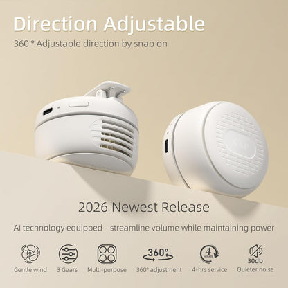 XAP Clip On Mini Fan, USB Rechargeable 360° Rotatable Portable Fan, Silent Bladeless Fan of 3 Speeds, Personal Cooling Fan Wearable Fan