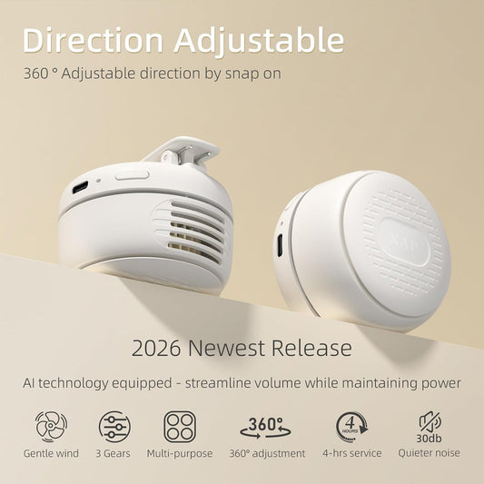 XAP Clip On Mini Fan, USB Rechargeable 360° Rotatable Portable Fan, Silent Bladeless Fan of 3 Speeds, Personal Cooling Fan Wearable Fan