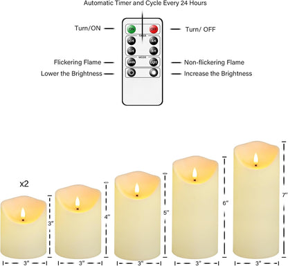 Fo32won Flameless Flickering Candles with Remote Timer, Set of 6 Ivory Led Battery Operated Candles for Home Decor Xmas Halloween (D3 x H3 3" 4" 5" 6" 7")