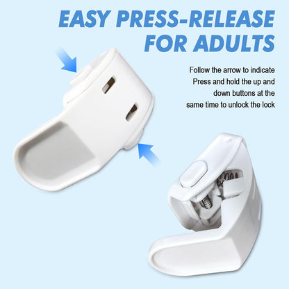 Baby Proof Drawer Locks 4 Pack White, Child Safety Cabinet Latches for Corners, No Drill Adhesive Furniture Lock for Kitchen Drawer Dresser Nightstand Toddler Security ﻿