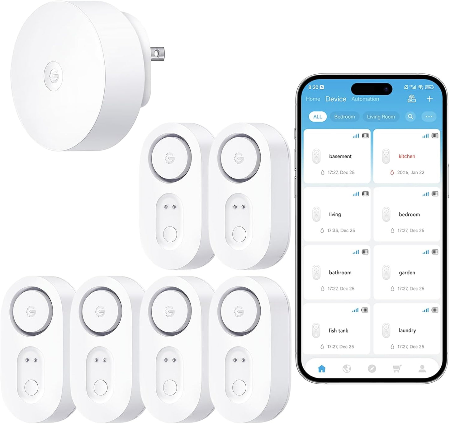 GoveeLife Upgraded Smart Water Leak Detector 1s with 1804 ft Ultra-Long Range, WiFi Water Sensor with SMS/Email/APP Push and Sound Alarm,5-Year Battery Life, 5 Pack, Suit for Home, Basement, Kitchen