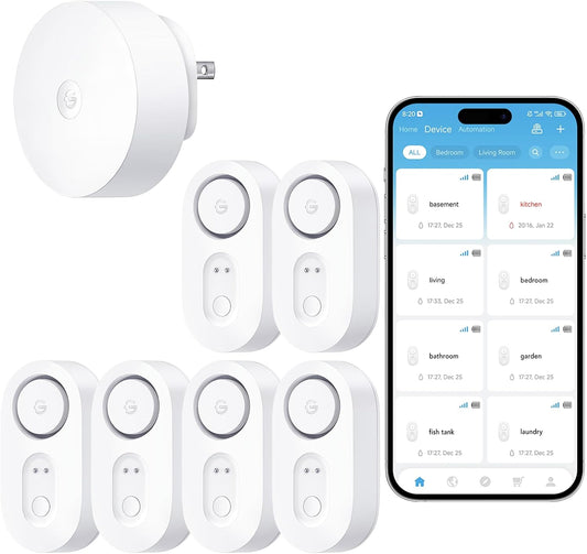 GoveeLife Upgraded Smart Water Leak Detector 1s with 1804ft Ultra-Long Range, WiFi Water Sensor with SMS/Email/APP Push and Sound Alarm,5-Year Battery Life, 6 Pack, Suit for Home, Basement, Kitchen