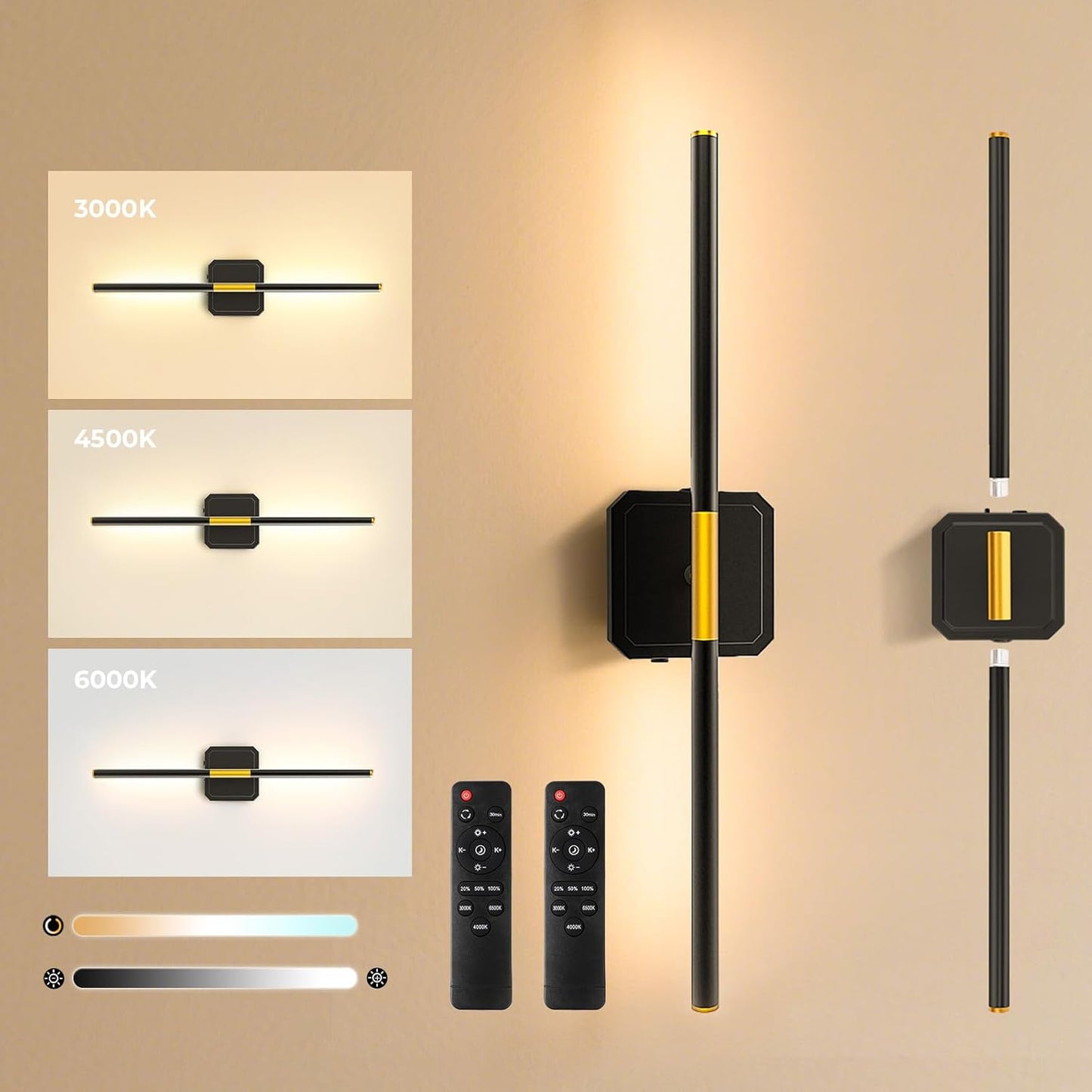 GvvooHome Battery Operated Wall Sconces Set of 2, Detachable 360°Rotate Wall Lamps, 3000-6500K Dimmable with Remote Control, 10000mAh Rechargeable Wall Light for Bedroom, Living Room, 28.3" Black Gold