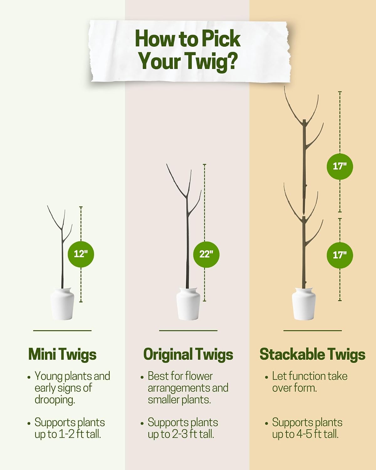 Twigs GA Stackable Plant Support Stakes, Moonstone, 3-Pack, 17" L | Made in USA, UV-Protected Sticks, Natural-Looking Stem Support Stakes, Stackable Poles for Indoor & Outdoor Plants up to 5ft