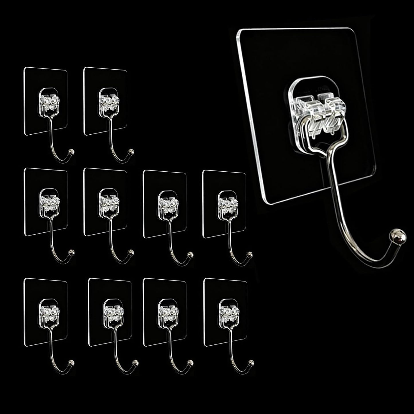 10-Pack Heavy Duty Adhesive Hooks, 33lb Max Load Transparent Sticky Hooks, Waterproof Traceless Wall Hooks for Kitchenware, Keys, Robe, Towel, Utensils & More