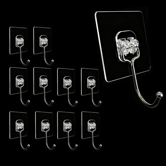 10-Pack Heavy Duty Adhesive Hooks, 33lb Max Load Transparent Sticky Hooks, Waterproof Traceless Wall Hooks for Kitchenware, Keys, Robe, Towel, Utensils & More