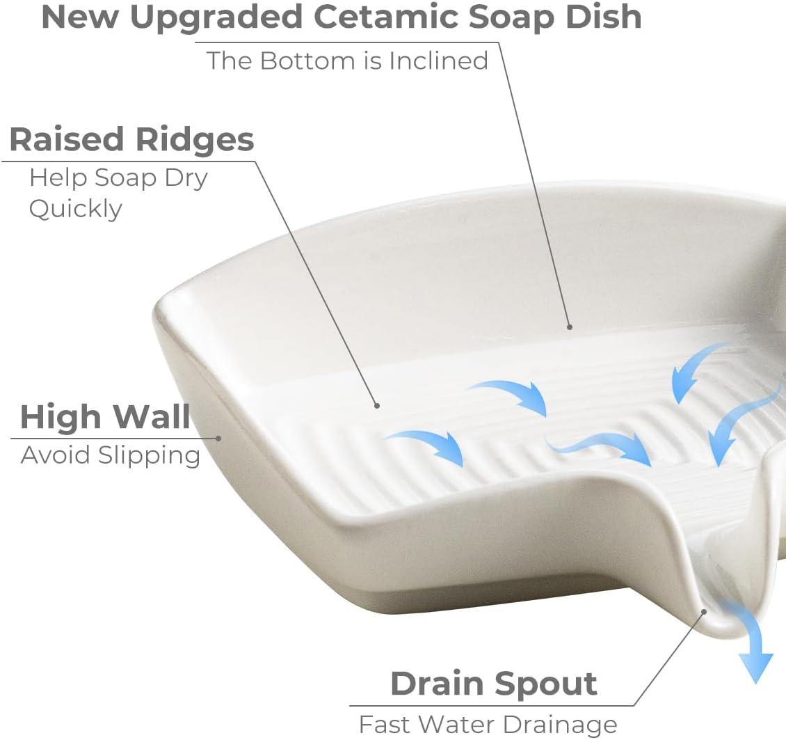 Self Draining Soap Dish, Ceramic Drain Soap Holder Waterfall Design Soap Saver for Shower, Bathroom, Sink, Kitchen and Countertop, Keeps Dry, Green