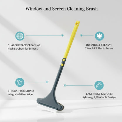 Double-Sided Window & Screen Cleaning Brush, 13-Inch PP Tool for Glass and Mesh, Integrated Wiper for Cleaning Results (1 Pack)