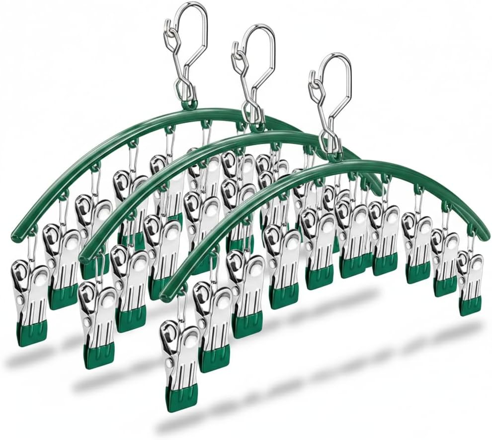 Stainless Steel Sock Drying Rack with 10 Clips 3-Pack, Windproof Laundry Hanger with Non-Slip Clips, Space Saving for Underwear Bras Socks Indoor Outdoor Use (Green)