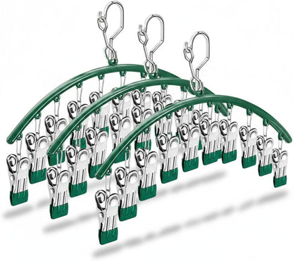 Stainless Steel Sock Drying Rack with 10 Clips 3-Pack, Windproof Laundry Hanger with Non-Slip Clips, Space Saving for Underwear Bras Socks Indoor Outdoor Use (Green)