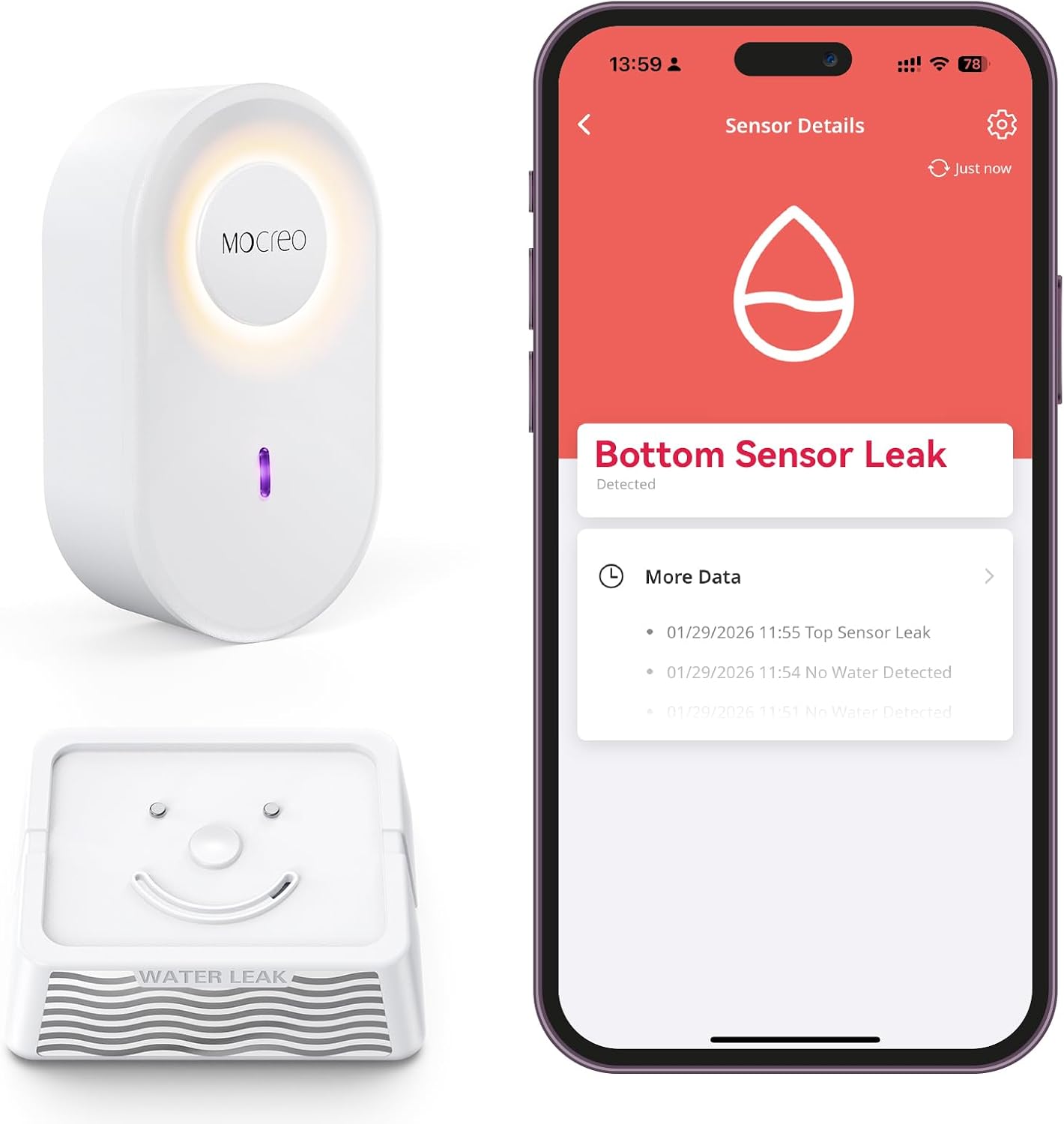 MOCREO WiFi Water Leak Detector Kit, 2000ft Long Range, SMS App Email Alerts, 105dB Adjustable Alarm, Leak Severity Tracking, 5-Year Battery Life, 3 IP67 Water Leak Sensors for Home Basement Kitchen