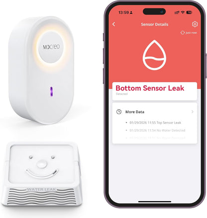 MOCREO WiFi Water Leak Detector Kit, 2000ft Long Range, SMS App Email Alerts, 105dB Adjustable Alarm, Leak Severity Tracking, 5-Year Battery Life, 3 IP67 Water Leak Sensors for Home Basement Kitchen