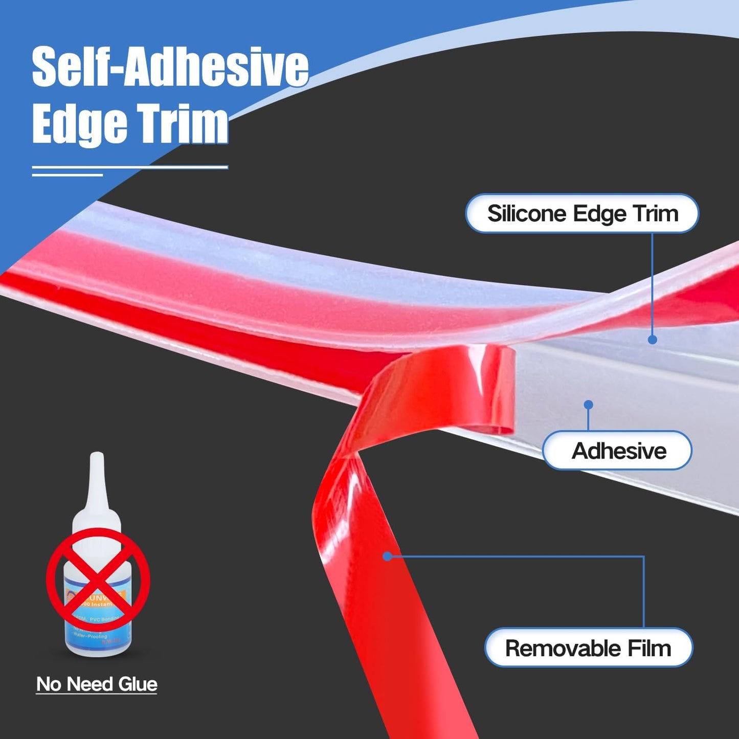 Clear Rubber Edge Trim, Self-Adhesive Silicone Edge Trim, Edge Protector for Sheet Metal, Glasses or Flexi Glasses, Silicone Rubber Material, Transparent Color, Fit 1/4"(6mm), U Channel Edge Guard