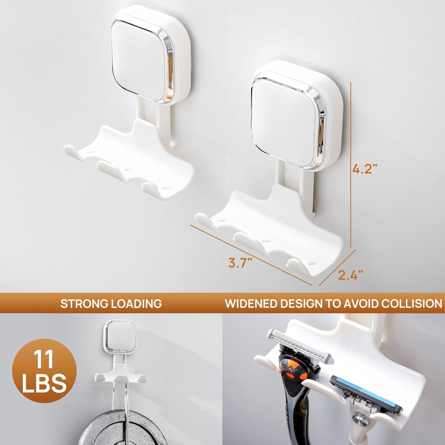LEVERLOC Razor Holder for Shower 2 Pack, Powerful Suction Cup Shower Hooks for Towel, Loofah, Razor, Squeegee, Damage-Free Wall Hooks, Shaver Holder for Bathroom, Easy to Install and Reuse, White