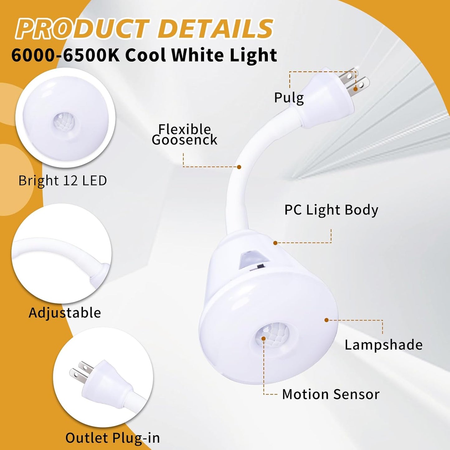 2 Pcs Plug in Motion Sensor Night Light Indoor LED Infrared Motion Detector Night Light for AC Outlet, Dusk to Dawn Sensor, 360° Rotating for Stairs Garage, 6W Cool White Light US Plug