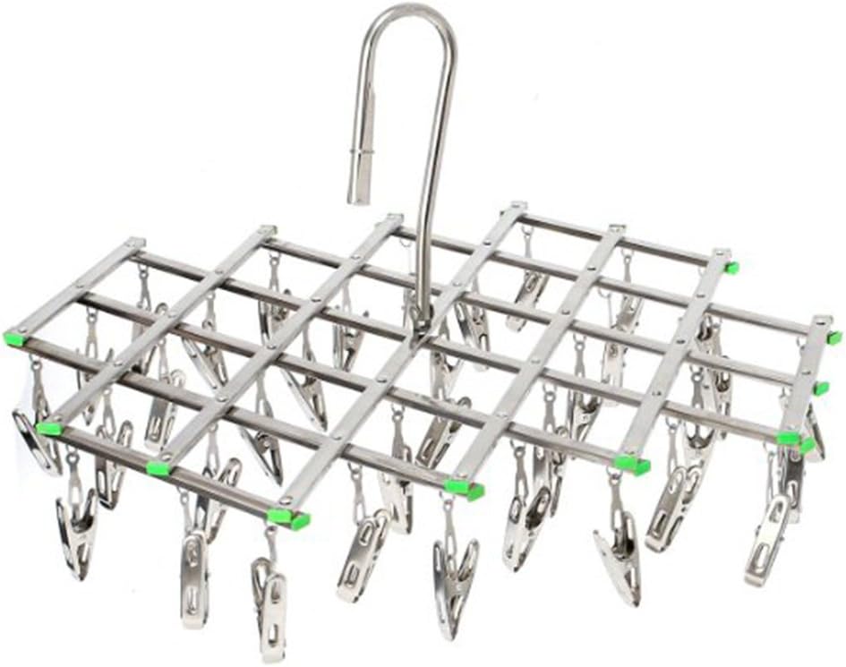 Stainless Steel Laundry Clothes Drying Rack Hanger, Multi Function Foldable Portable Travel Hanging Rack Hook, 35 Clips for Socks, Cloth Diapers, Towel, Underwear, Scarf, Panties, Gloves etc.