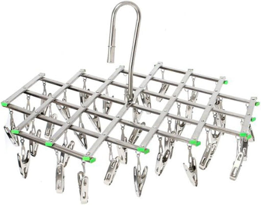 Stainless Steel Laundry Clothes Drying Rack Hanger, Multi Function Foldable Portable Travel Hanging Rack Hook, 35 Clips for Socks, Cloth Diapers, Towel, Underwear, Scarf, Panties, Gloves etc.