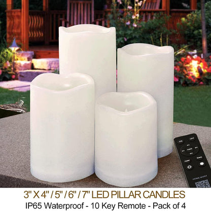 Set of 4 White Outdoor LED Pillar Candles 3x4 3x5 3x6 3x7 with Timer and Remote - IP65 Waterproof Battery Operated LED Pillar Candles - Flickering Flameless Pillar Candles Unscented Outside