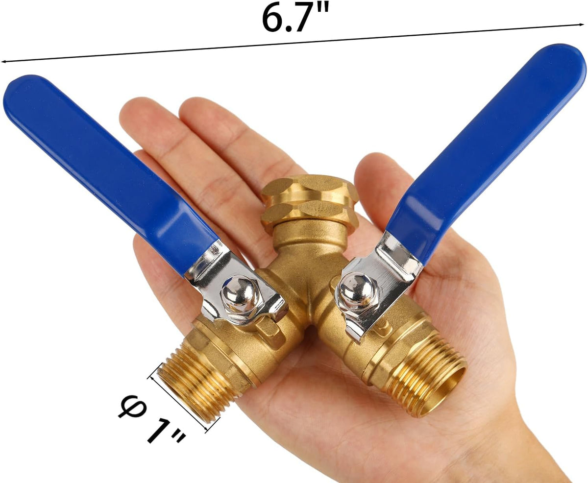 Garden Hose Splitter 2 Way Heavy Duty, Brass Faucet Adapter With Long Handle For Gardening Water Hose Shut Off Valve Hose Connector Fittings Outdoor Water Spigot Hose Bib Y Splitter