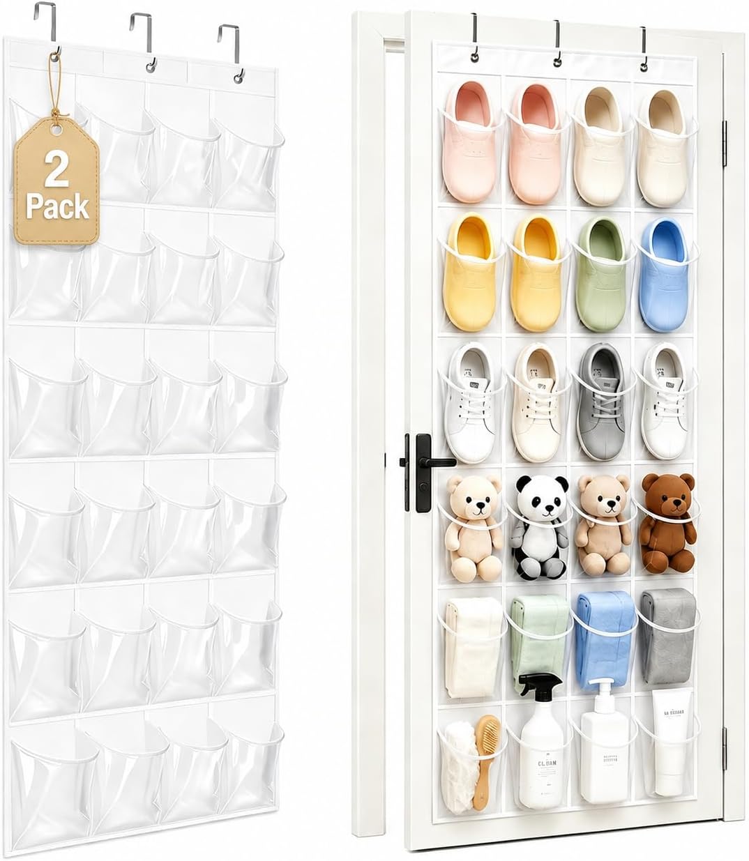 Over the Door Shoe Organizer with 24 Crystal Clear Pockets and Metal Hooks – Heavy Duty Hanging Shoe Storage Rack for Closet, Bathroom, Dorm – Space Saving for Shoes, Accessories, Toys (White)