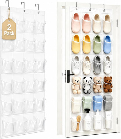 Over the Door Shoe Organizer with 24 Crystal Clear Pockets and Metal Hooks – Heavy Duty Hanging Shoe Storage Rack for Closet, Bathroom, Dorm – Space Saving for Shoes, Accessories, Toys (White)