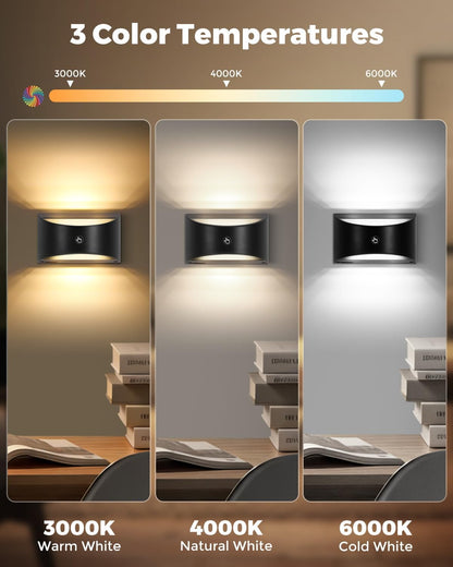 Battery Powered Wall Sconces Set of Two, Rechargeable Magnetic Wall Sconce with Remote Control, 3 Colors Wireless Up and Down Wall Mount Light for Bedroom Hallway Bedside Living Room(Black)