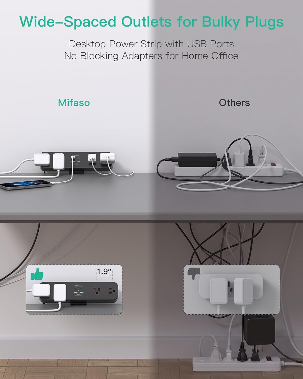 Mifaso PD30W Desk Clamp Power Strip, Surge Protector, Fast Charging Station | 4 Outlets, 4 USB (2 USB C), 5FT Extension Cord, Desk Organizer Gaming Accessories Office Essentials, Fits 1.96" Tabletop Edge