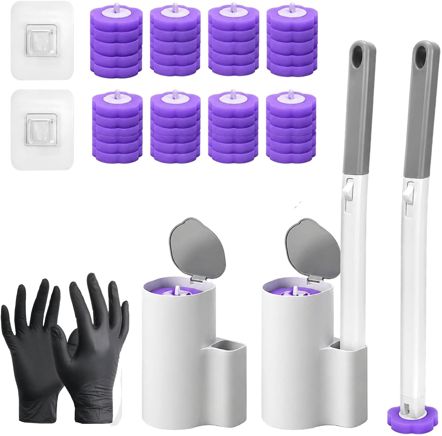 2-Pack Disposable Toilet Bowl Cleaner Wand and Holder with 48 Refills, Wall Mounted Toilet Brush Disposable System, Long Handle Toilet Cleaner Kit with Silicone Hooks & Gloves for Bathroom Cleaning