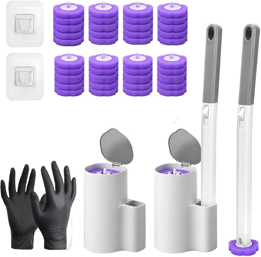 2-Pack Disposable Toilet Bowl Cleaner Wand and Holder with 48 Refills, Wall Mounted Toilet Brush Disposable System, Long Handle Toilet Cleaner Kit with Silicone Hooks & Gloves for Bathroom Cleaning
