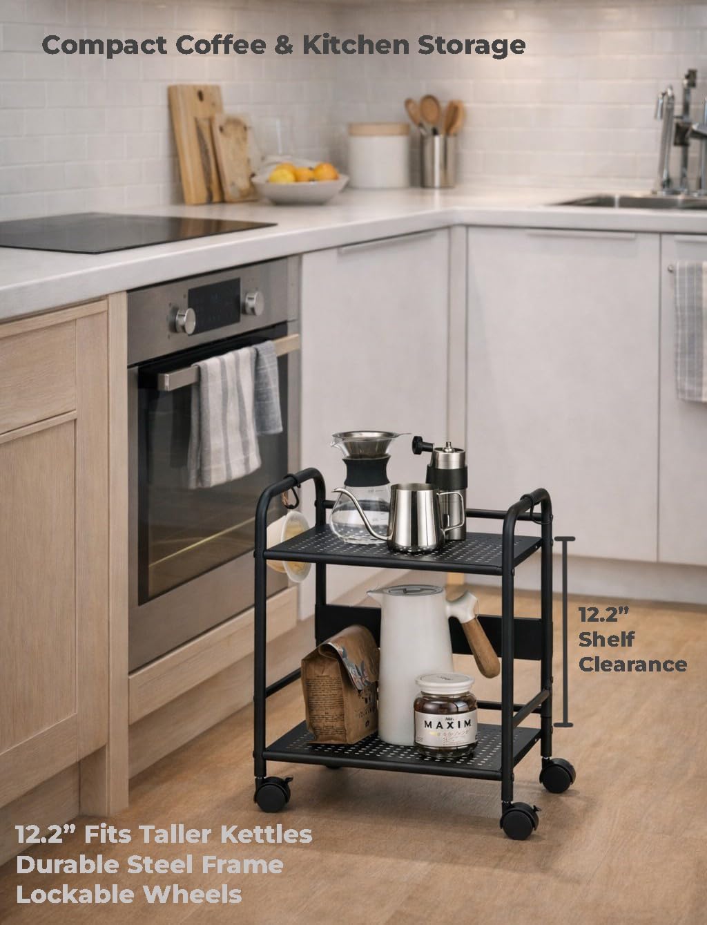 2-Tier Metal Rolling Cart, Compact Under Desk Storage Organizer | 12.2" clearance fits binders & tall bottles; anti-drop safety guard; small space mobile shelf for home, bedroom & office.