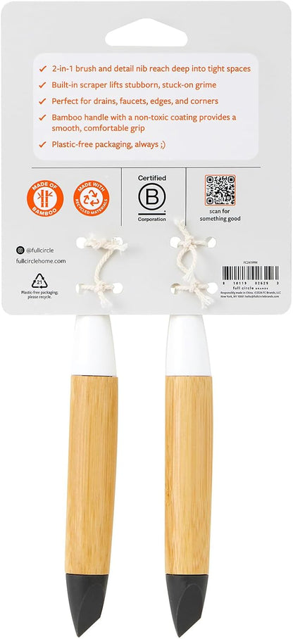 Full Circle Micro Manager, Deep Cleaning Brush for Crevices, Shower, & Grout, Tough Bristles, Sustainable Bamboo Handle, White