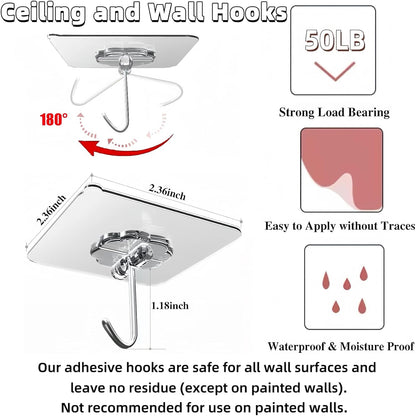 Adhesive Wall Hooks for Hanging Heavy Duty 50 lbs Large Hooks for Walls No Damage, Towel Sticky Clear Hook, Waterproof, Home, Bathroom, Kitchen, Office, and Outdoor 10 Pack