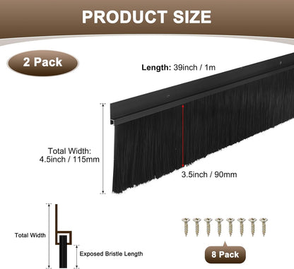 M METERXITY 2Pack Door Sweep - 39" Door Bottom Brush Heavy Duty Seal Draft Stopper Aluminum Base with 50mm Brush, Adhesive/Screw Installation for Interior/Exterior/Garage/Sliding Doors, Black