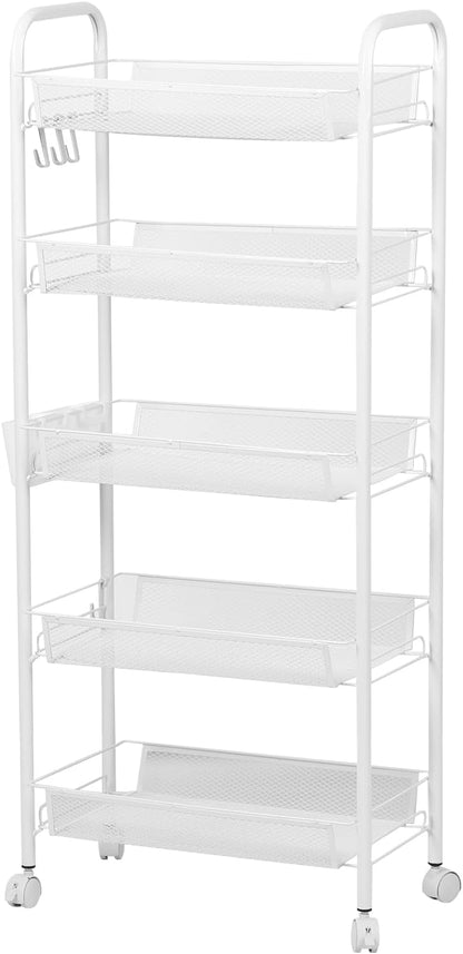 5-Tier Rolling Cart, Stackable Fruit Vegetable Rack, Kitchen Mesh Storage Basket with 360 Degree Wheels, Snack Cart for Kitchen Pantry Bathroom Organizer Heighten Guardrail Detachable (5-Tier Black)