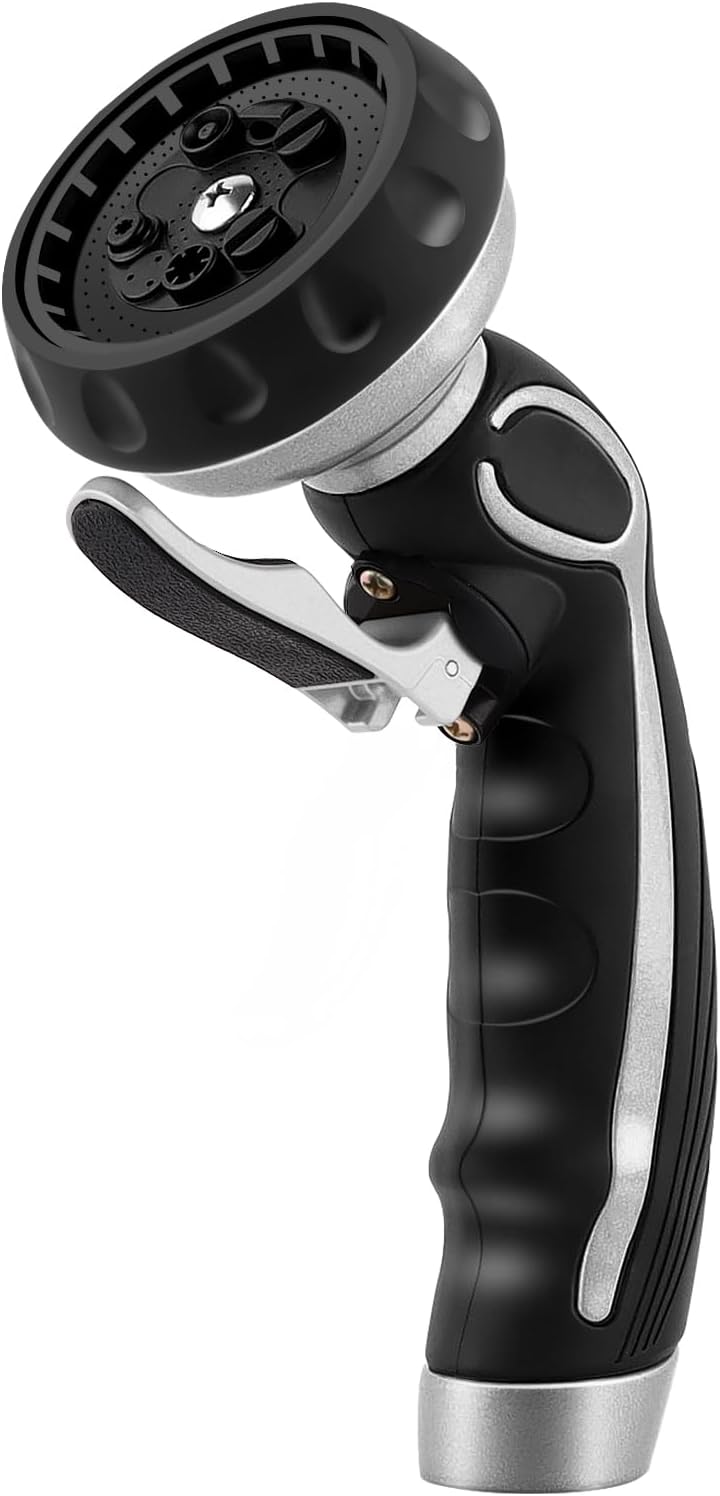 RESTMO Hose Nozzle with Easy Self-Lock Trigger, Heavy Duty Metal Water Hose Sprayer with 9 Spray Patterns and On/Off Valve, Ideal for Outdoor Lawn & Garden Watering, Car & Pet Washing