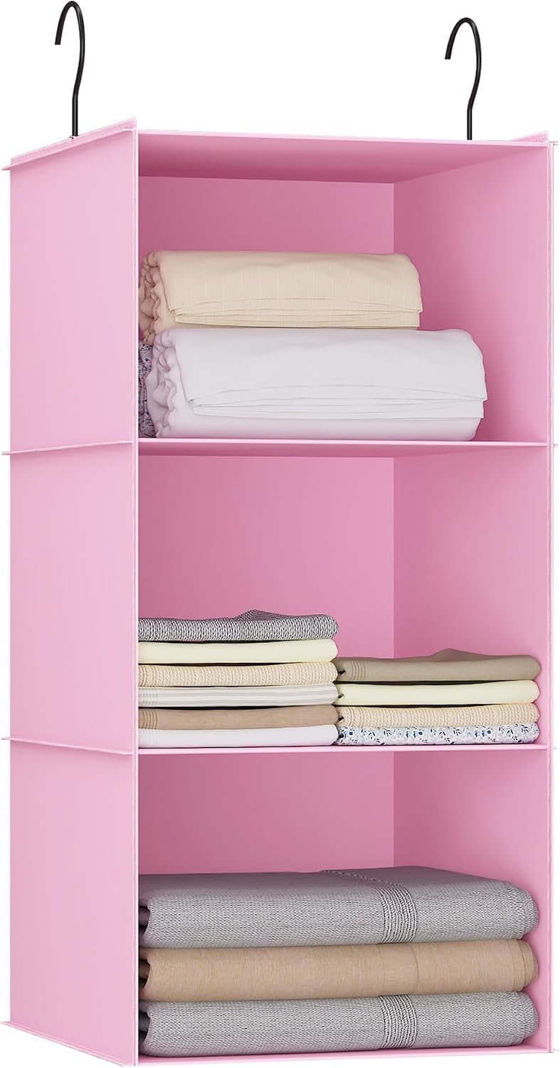 Hanging Closet Organizer 3-Shelf, Oxford Fabric Wardrobe Storage, Gray | Easy-mount foldable design holds clothes, handbags, shoes & accessories; washable Oxford fabric, sturdy and space-saving.