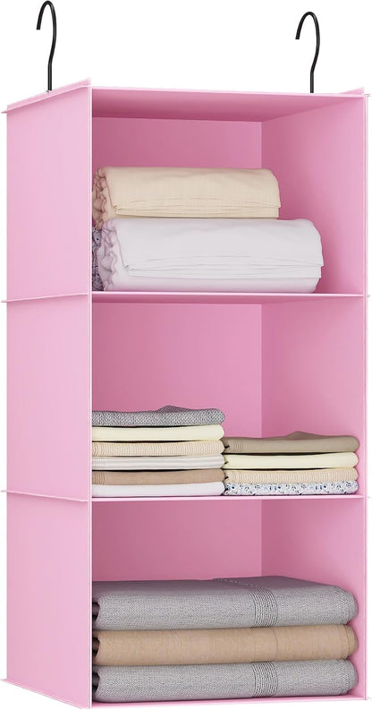 Hanging Closet Organizer 3-Shelf, Oxford Fabric Wardrobe Storage, Gray | Easy-mount foldable design holds clothes, handbags, shoes & accessories; washable Oxford fabric, sturdy and space-saving.