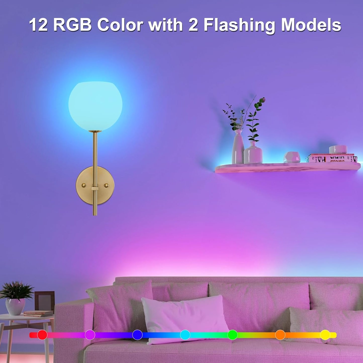 Brass Battery Operated Wall Sconces Set of 2, Rechargeable Wireless Wall Lights with Milky White Frosted Glass, 12 RGB and 3CCT Dimmable, Wall Lamps with Remote for Bedroom Living Room Hallway