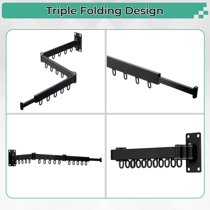 Wall Mounted Drying Rack,Foldable and Rotatable Clothes Drying Rack, Triple Folding Hanger Saves Space,Suitable for Cloakroom,Balcony, Bathroom,The Maximum Load Bearing 50kg (Black)