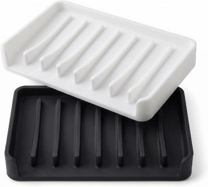 Bathway Silicone Soap Dishes for Shower, Self-Draining Bar Soap Holder Non-Slip Sink Organizer Tray for Sink, Bathroom & Kitchen, Keeps Bar Soap Dry& Dishwasher Safe, Black & Black (2 Pack)