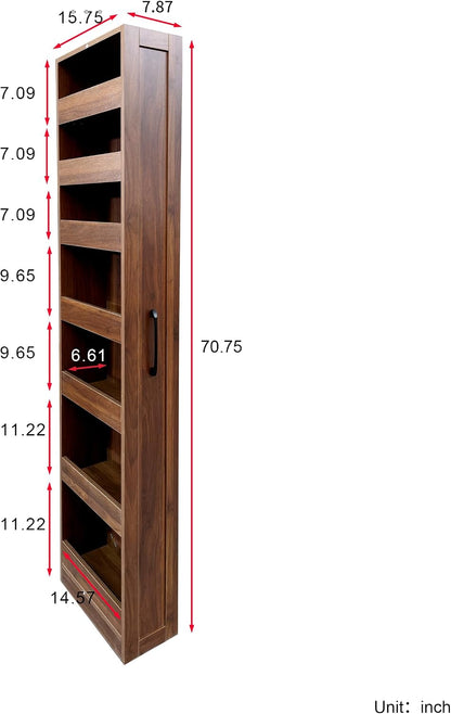 71" Tall Narrow Pantry Cabinet on Wheels, 7 Tier Slim Pull Out Pantry Cabinet 7.87"W Rolling Spice Rack Next to Fridge, Rolling Kitchen Storage Shelf with Handle for Narrow Small Space (Walnut)