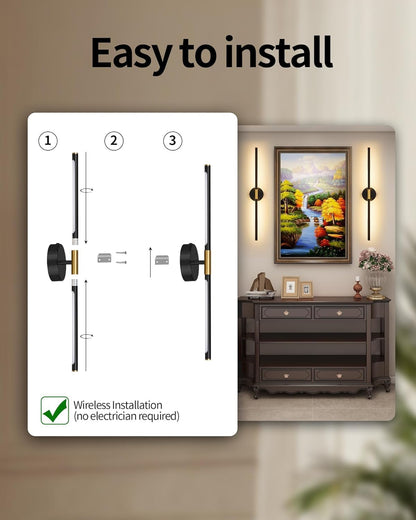 24 Inch Battery Operated Wall Sconce Set of 2, Dimmable Battery Sconces with Remote Control, 8000 mAh Rechargeable Sconces, 350° Rotate Modern LED Lights for Bedroom, Living Room, Black Gold