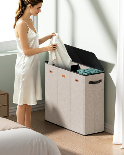 185L Laundry Hamper 3 Section with Lid & Removable Bags | Collapsible laundry basket organizer for laundry room, bedroom & dorm with 3 removable washing bags
