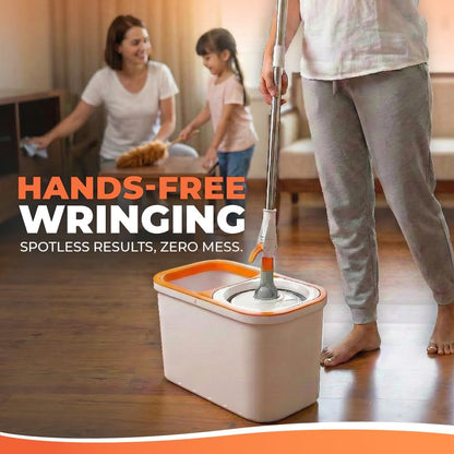 Grazie Spin Mop & Bucket Set - 360° Self-Wringing System with Wheels, Stainless Steel Handle - Hands-Free Floor Cleaning for Hardwood, Tile, Laminate - Includes 4 Washable Microfiber Mop Head Refills