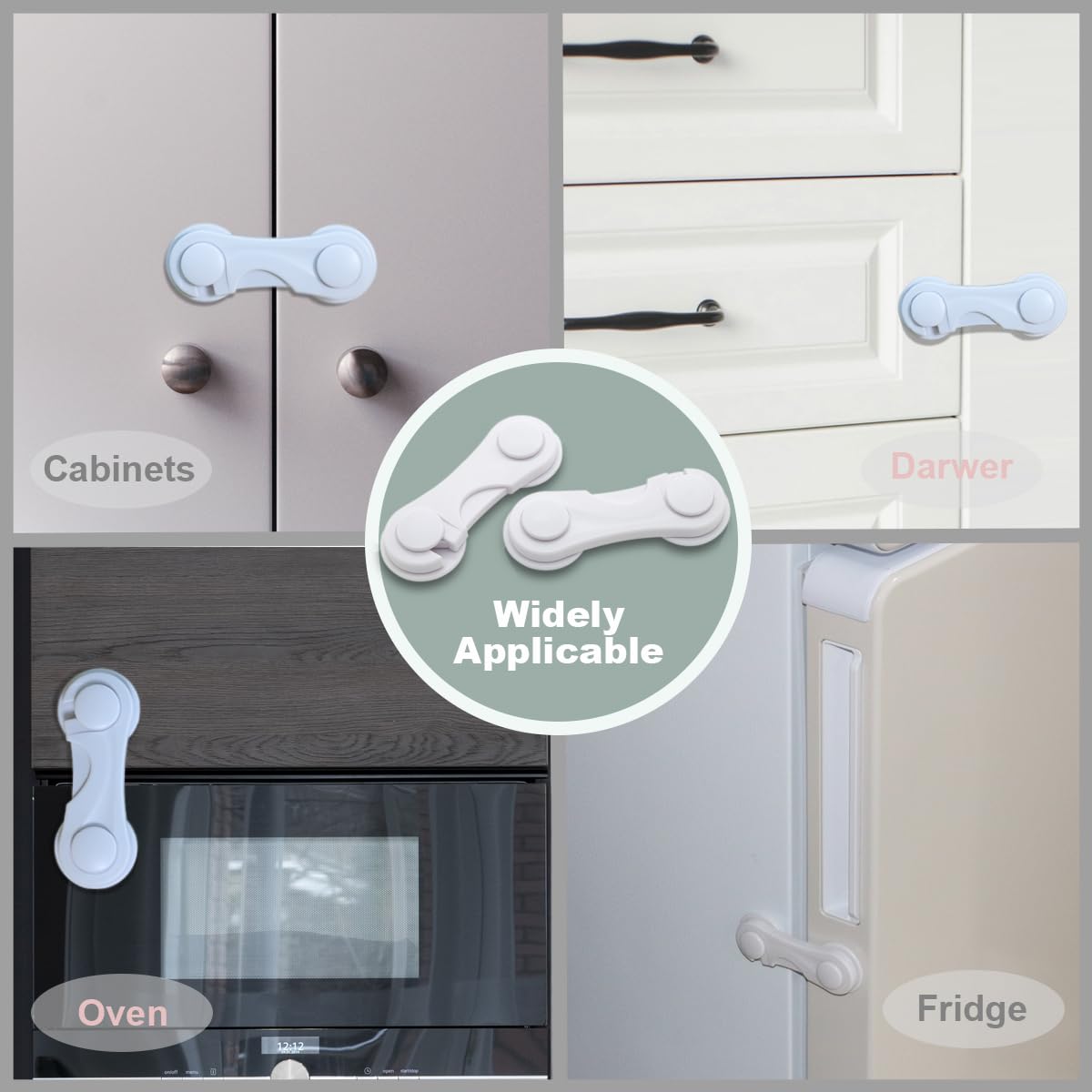 Child Proof Cabinet Locks for Baby Safety, 10 Pcs Baby Proofing Cabinet Locks with Adhesive for Drawer Cupboards Fridge Closet and Pantry, Door Latch for Protecting Kids Toddler (White-10PCS)