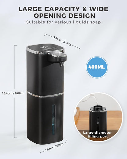 Automatic Foaming Soap Dispenser Touchless, USB Rechargeable Smart Hand Soap Dispenser, 9-Level Adjustable, 13.5oz/400mL,IPX5 Waterproof, Wall/Tabletop Kitchen Bathroom, Black